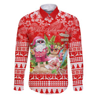 Personalised Hawaii Mele Kalikimaka Family Matching Off Shoulder Maxi Dress and Hawaiian Shirt Santa Beach Merry Christmas LT9 Dad's Shirt - Long Sleeve Red - Polynesian Pride