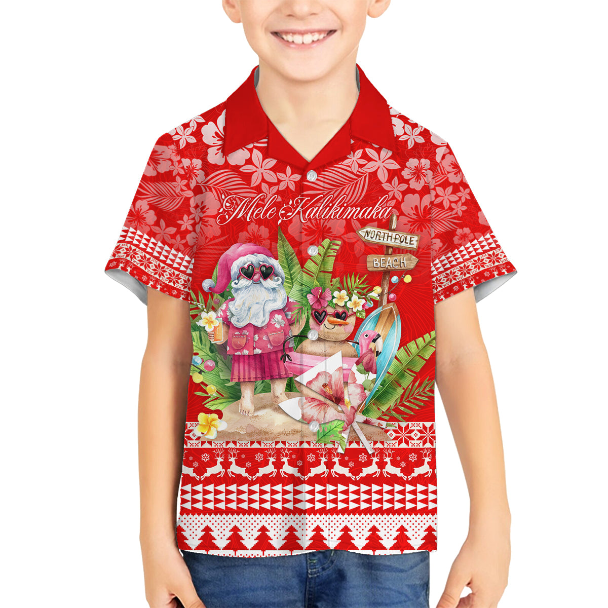 Personalised Hawaii Mele Kalikimaka Family Matching Tank Maxi Dress and Hawaiian Shirt Santa Beach Merry Christmas LT9 Son's Shirt Red - Polynesian Pride