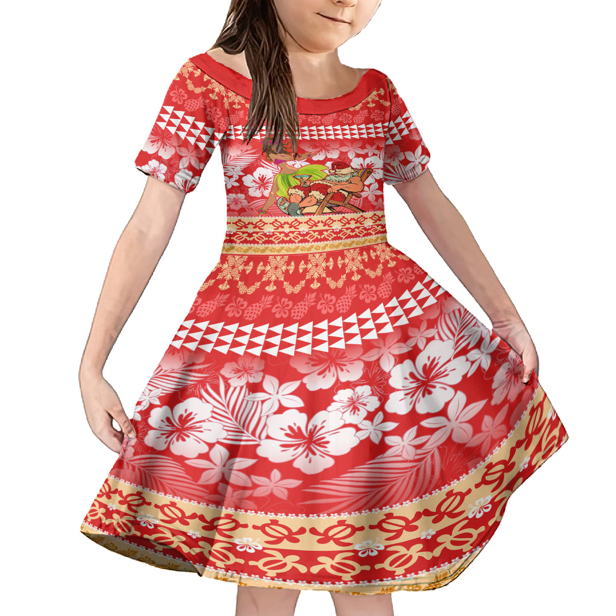 Hawaii Mele Kalikimaka Family Matching Off Shoulder Long Sleeve Dress and Hawaiian Shirt Santa Claus and Hula Dancing Merry Christmas LT9 Daughter's Dress Red - Polynesian Pride