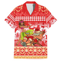 Hawaii Mele Kalikimaka Family Matching Off Shoulder Long Sleeve Dress and Hawaiian Shirt Santa Claus and Hula Dancing Merry Christmas LT9 Dad's Shirt - Short Sleeve Red - Polynesian Pride