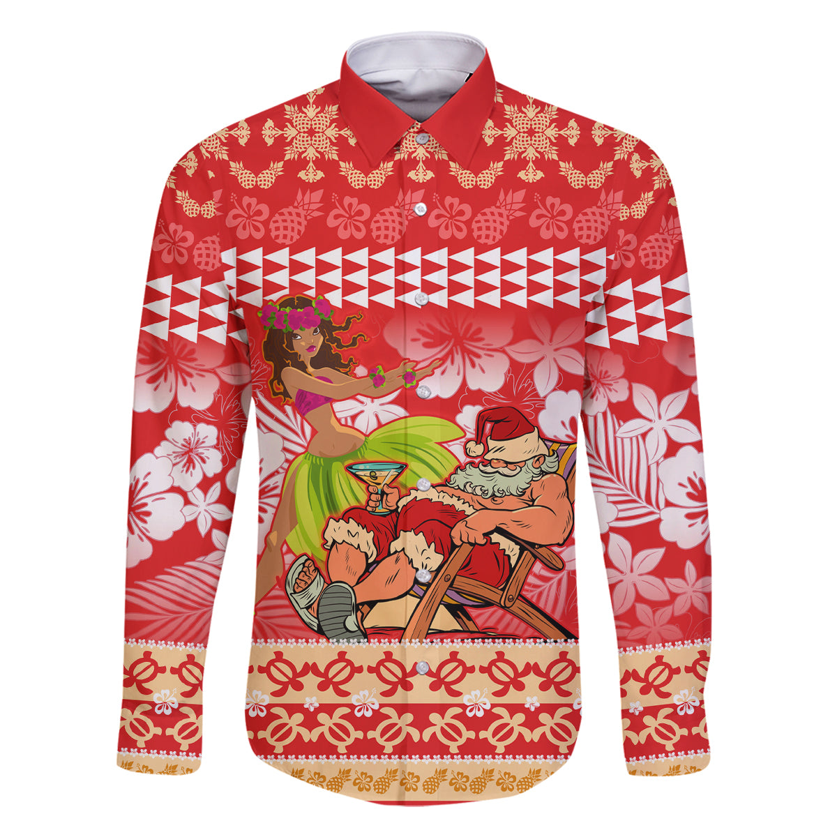 Hawaii Mele Kalikimaka Family Matching Off Shoulder Long Sleeve Dress and Hawaiian Shirt Santa Claus and Hula Dancing Merry Christmas LT9 Dad's Shirt - Long Sleeve Red - Polynesian Pride