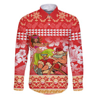 Personalised Hawaii Mele Kalikimaka Family Matching Off Shoulder Long Sleeve Dress and Hawaiian Shirt Santa Claus and Hula Dancing Merry Christmas LT9 Dad's Shirt - Long Sleeve Red - Polynesian Pride