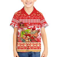 Personalised Hawaii Mele Kalikimaka Family Matching Off Shoulder Short Dress and Hawaiian Shirt Santa Claus and Hula Dancing Merry Christmas LT9 Son's Shirt Red - Polynesian Pride
