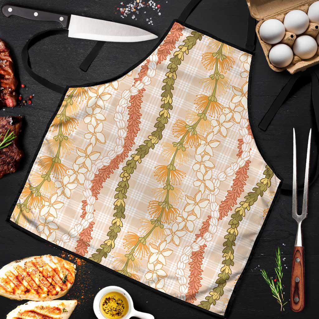 Hawaiian Ohia Lehua Lei Apron Plaid Palaka Ahiehie Pattern LT9 Beige - Polynesian Pride