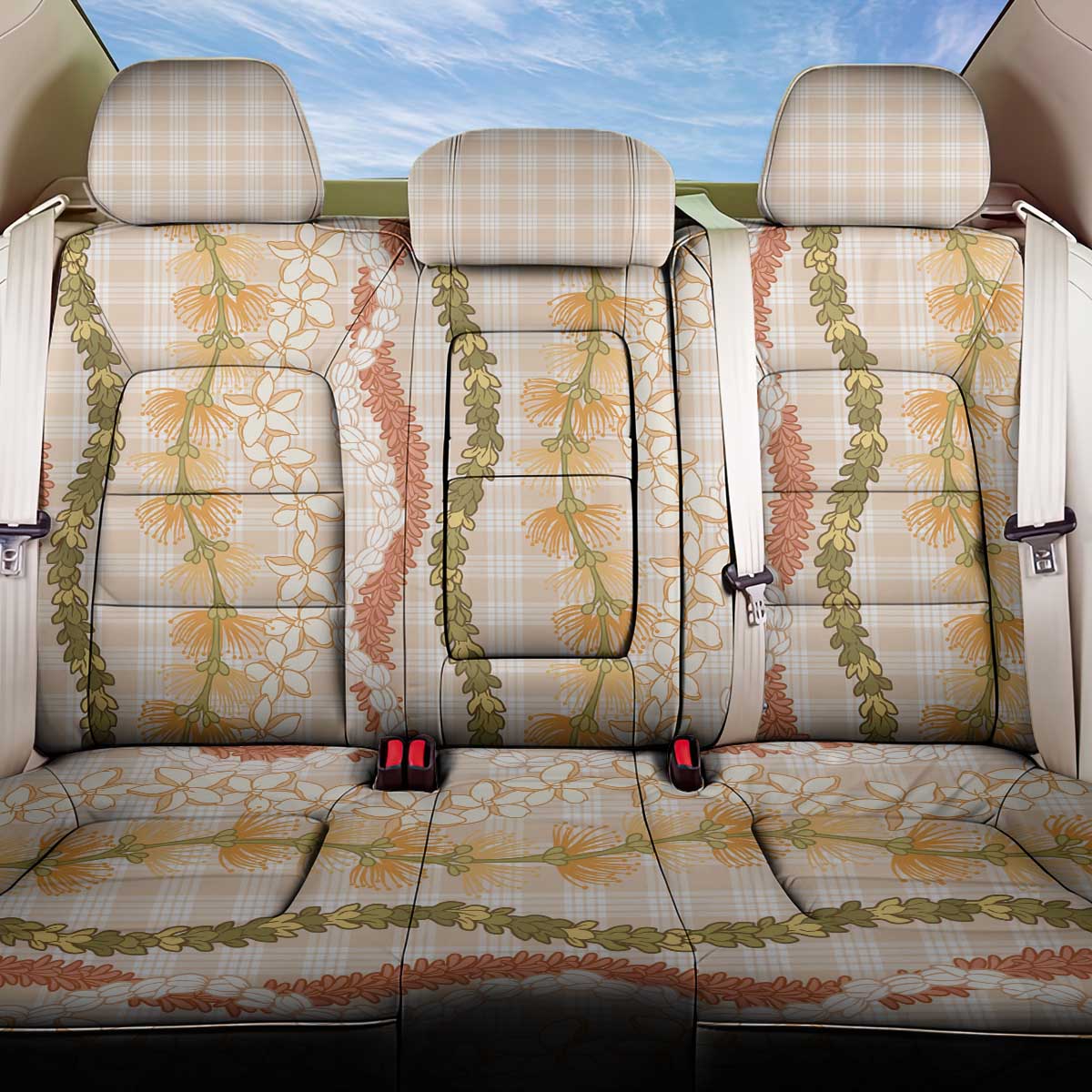 Hawaiian Ohia Lehua Lei Back Car Seat Cover Plaid Palaka Ahiehie Pattern LT9 One Size Beige - Polynesian Pride