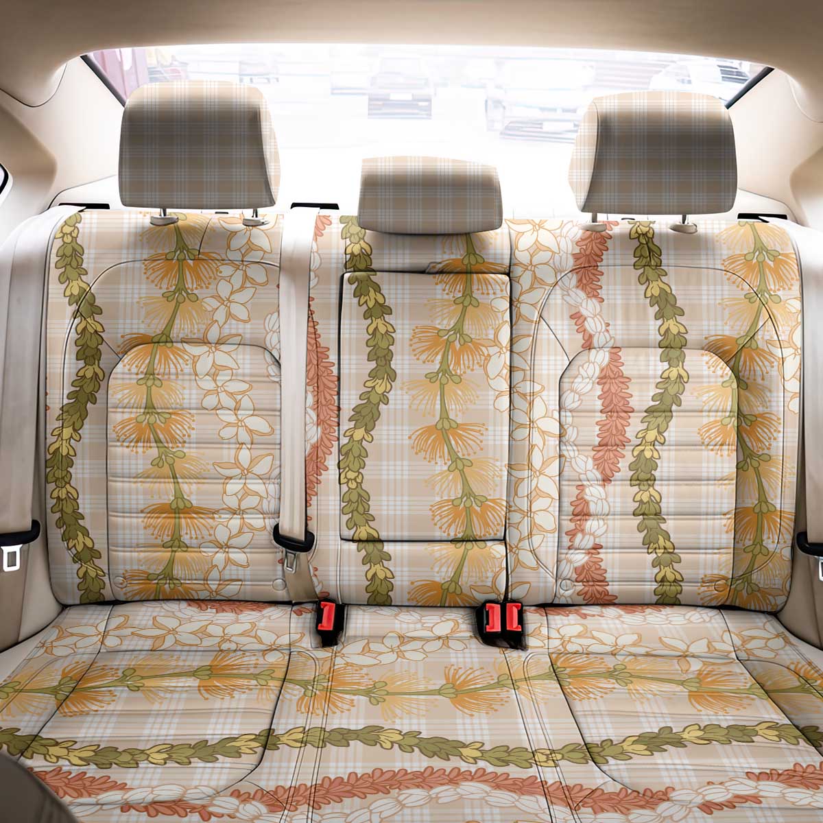 Hawaiian Ohia Lehua Lei Back Car Seat Cover Plaid Palaka Ahiehie Pattern LT9 - Polynesian Pride