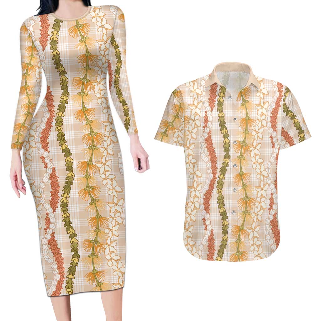 Hawaiian Ohia Lehua Lei Couples Matching Long Sleeve Bodycon Dress and Hawaiian Shirt Plaid Palaka Ahiehie Pattern LT9 Beige - Polynesian Pride