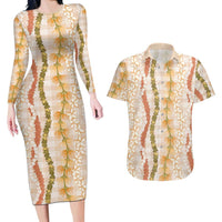 Hawaiian Ohia Lehua Lei Couples Matching Long Sleeve Bodycon Dress and Hawaiian Shirt Plaid Palaka Ahiehie Pattern LT9 Beige - Polynesian Pride