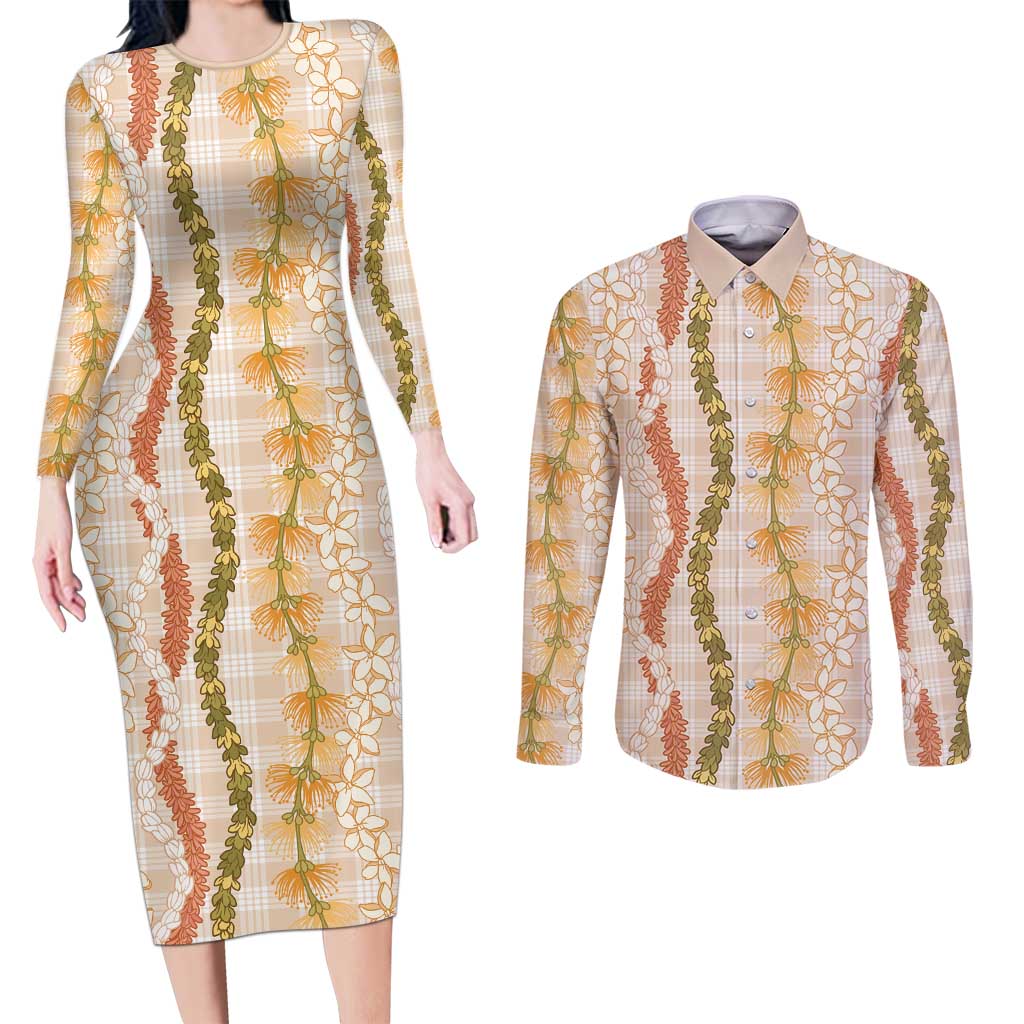 Hawaiian Ohia Lehua Lei Couples Matching Long Sleeve Bodycon Dress and Long Sleeve Button Shirt Plaid Palaka Ahiehie Pattern LT9 Beige - Polynesian Pride