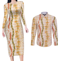 Hawaiian Ohia Lehua Lei Couples Matching Long Sleeve Bodycon Dress and Long Sleeve Button Shirt Plaid Palaka Ahiehie Pattern LT9 Beige - Polynesian Pride