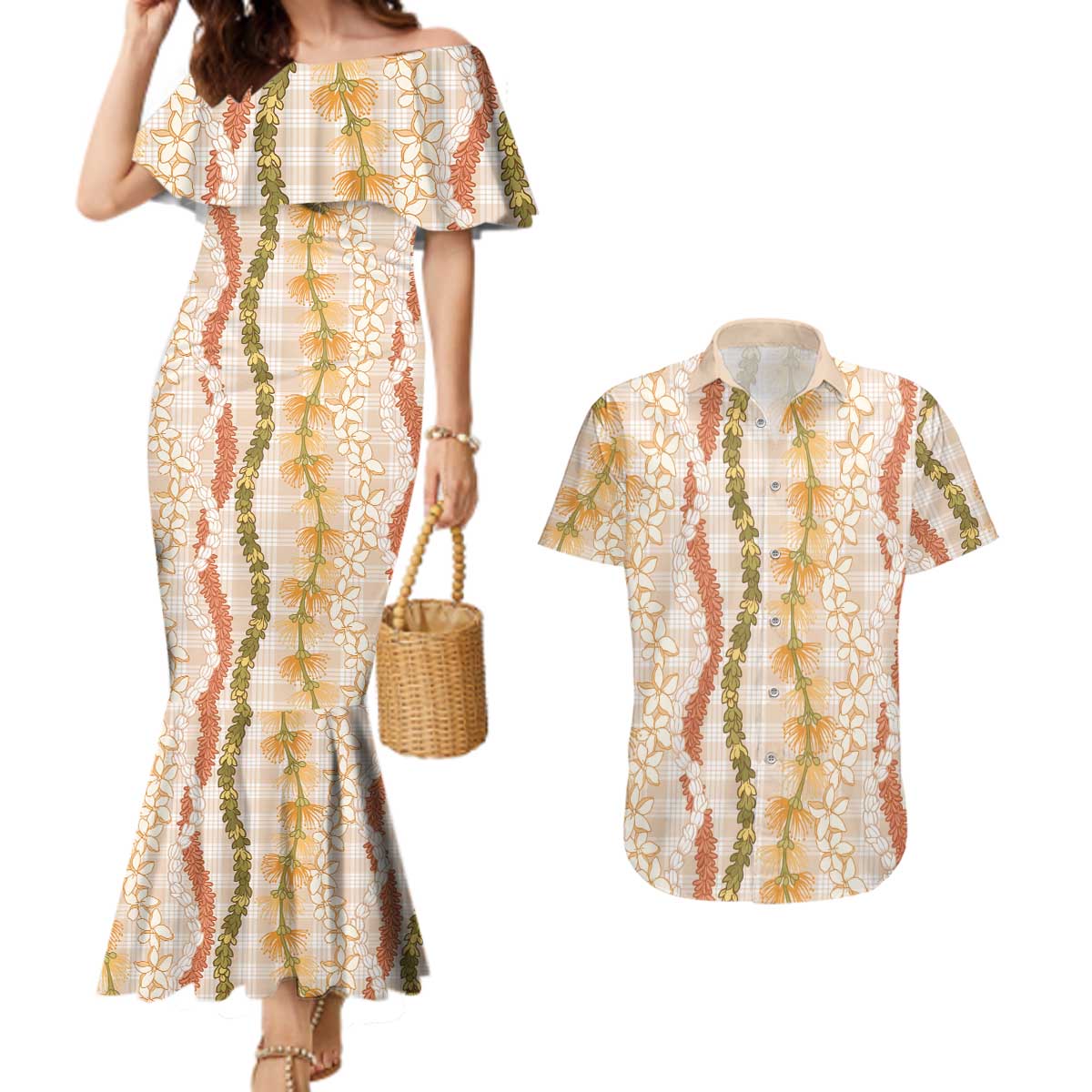 Hawaiian Ohia Lehua Lei Couples Matching Mermaid Dress and Hawaiian Shirt Plaid Palaka Ahiehie Pattern - Polynesian Pride