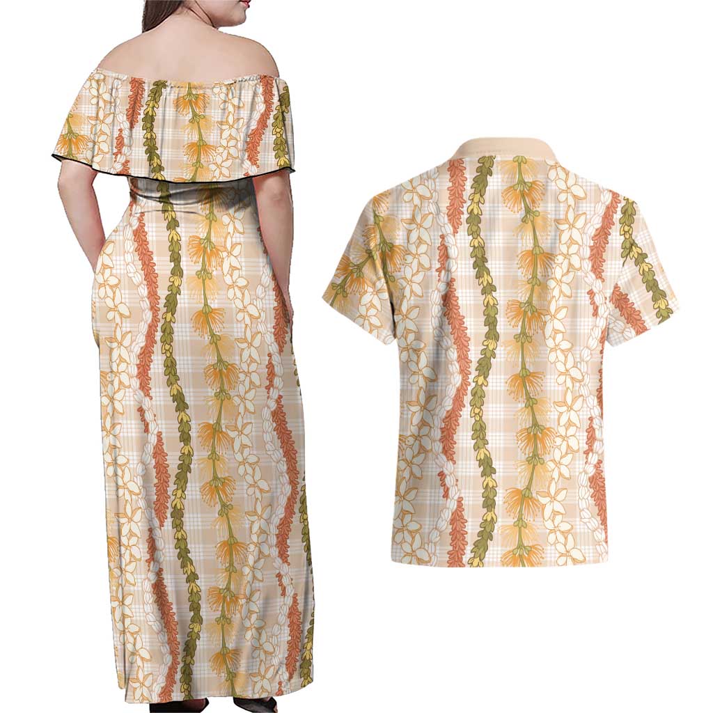 Hawaiian Ohia Lehua Lei Couples Matching Off Shoulder Maxi Dress and Hawaiian Shirt Plaid Palaka Ahiehie Pattern LT9 - Polynesian Pride