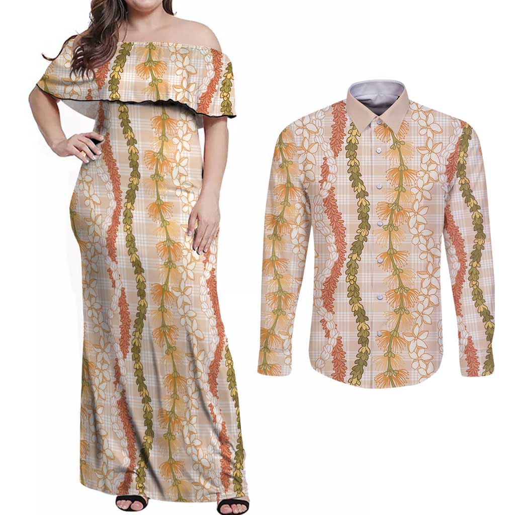 Hawaiian Ohia Lehua Lei Couples Matching Off Shoulder Maxi Dress and Long Sleeve Button Shirt Plaid Palaka Ahiehie Pattern LT9 Beige - Polynesian Pride