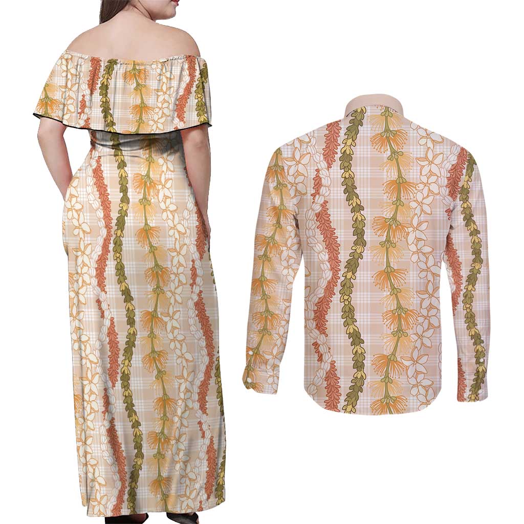 Hawaiian Ohia Lehua Lei Couples Matching Off Shoulder Maxi Dress and Long Sleeve Button Shirt Plaid Palaka Ahiehie Pattern LT9 - Polynesian Pride