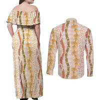 Hawaiian Ohia Lehua Lei Couples Matching Off Shoulder Maxi Dress and Long Sleeve Button Shirt Plaid Palaka Ahiehie Pattern LT9 - Polynesian Pride