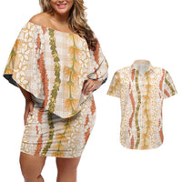 Hawaiian Ohia Lehua Lei Couples Matching Off Shoulder Short Dress and Hawaiian Shirt Plaid Palaka Ahiehie Pattern LT9 Beige - Polynesian Pride