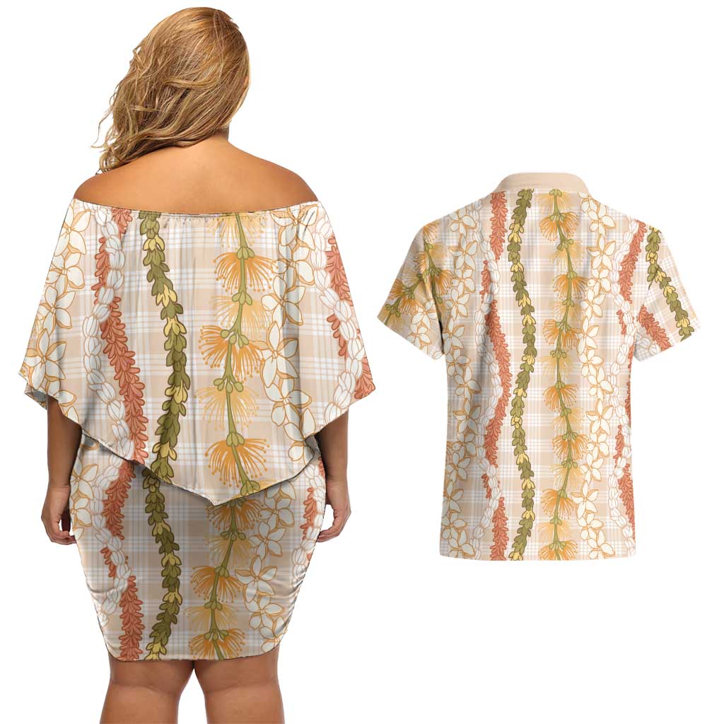 Hawaiian Ohia Lehua Lei Couples Matching Off Shoulder Short Dress and Hawaiian Shirt Plaid Palaka Ahiehie Pattern LT9 - Polynesian Pride