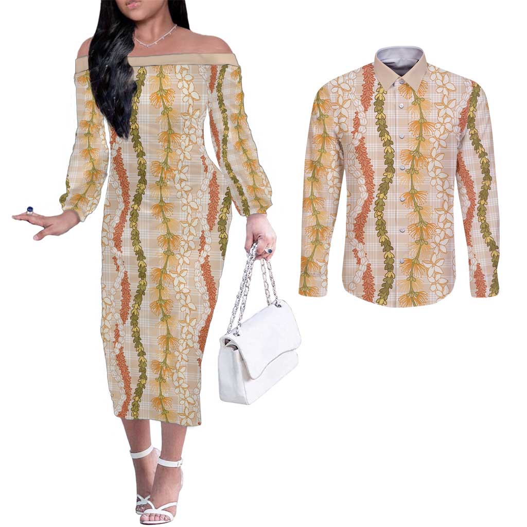 Hawaiian Ohia Lehua Lei Couples Matching Off The Shoulder Long Sleeve Dress and Long Sleeve Button Shirt Plaid Palaka Ahiehie Pattern LT9 Beige - Polynesian Pride