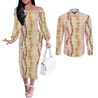 Hawaiian Ohia Lehua Lei Couples Matching Off The Shoulder Long Sleeve Dress and Long Sleeve Button Shirt Plaid Palaka Ahiehie Pattern LT9 Beige - Polynesian Pride