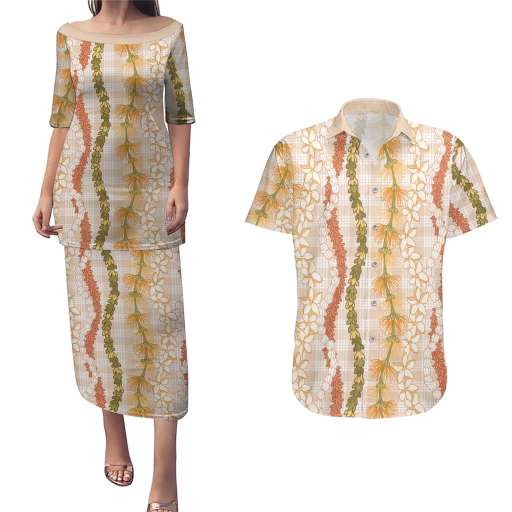 Hawaiian Ohia Lehua Lei Couples Matching Puletasi and Hawaiian Shirt Plaid Palaka Ahiehie Pattern LT9 Beige - Polynesian Pride