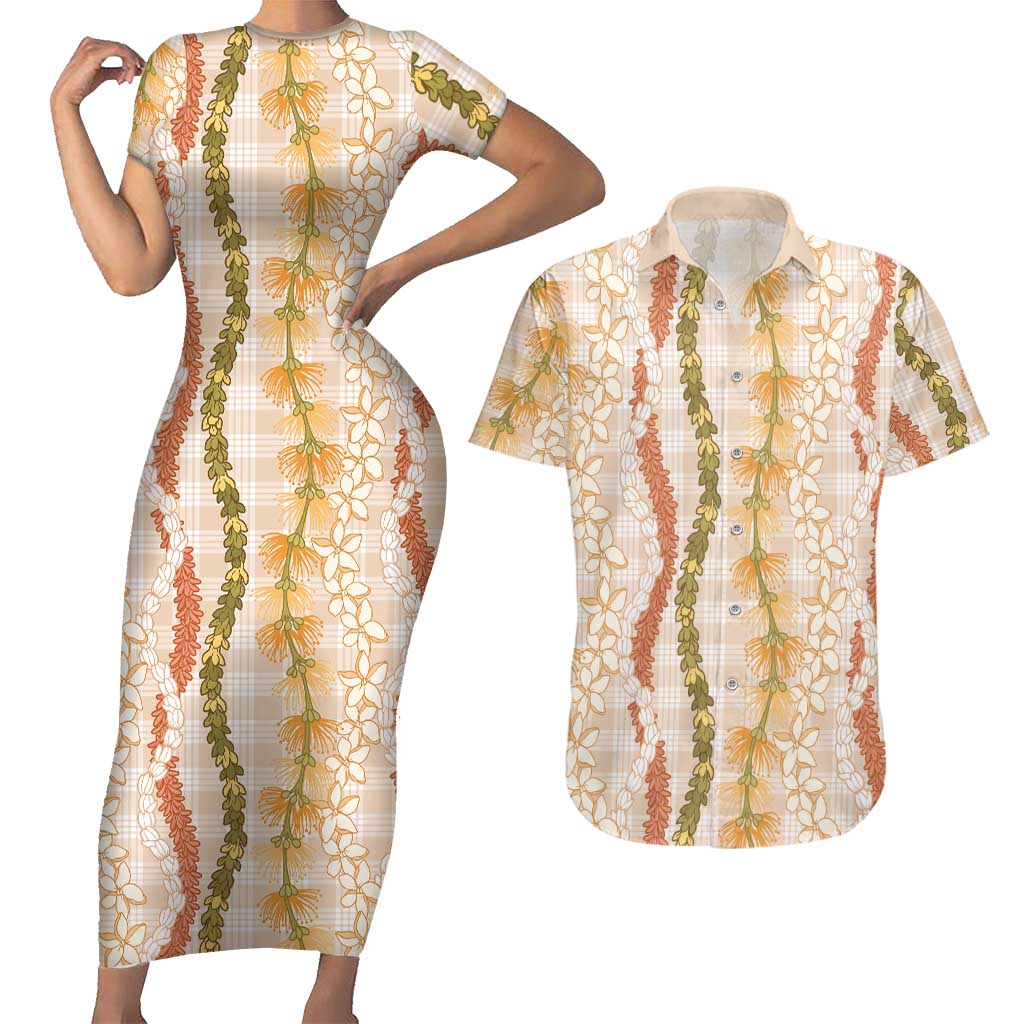 Hawaiian Ohia Lehua Lei Couples Matching Short Sleeve Bodycon Dress and Hawaiian Shirt Plaid Palaka Ahiehie Pattern - Polynesian Pride