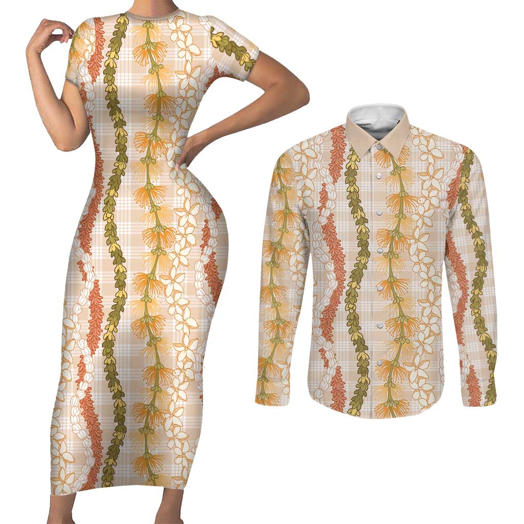 Hawaiian Ohia Lehua Lei Couples Matching Short Sleeve Bodycon Dress and Long Sleeve Button Shirt Plaid Palaka Ahiehie Pattern LT9 Beige - Polynesian Pride