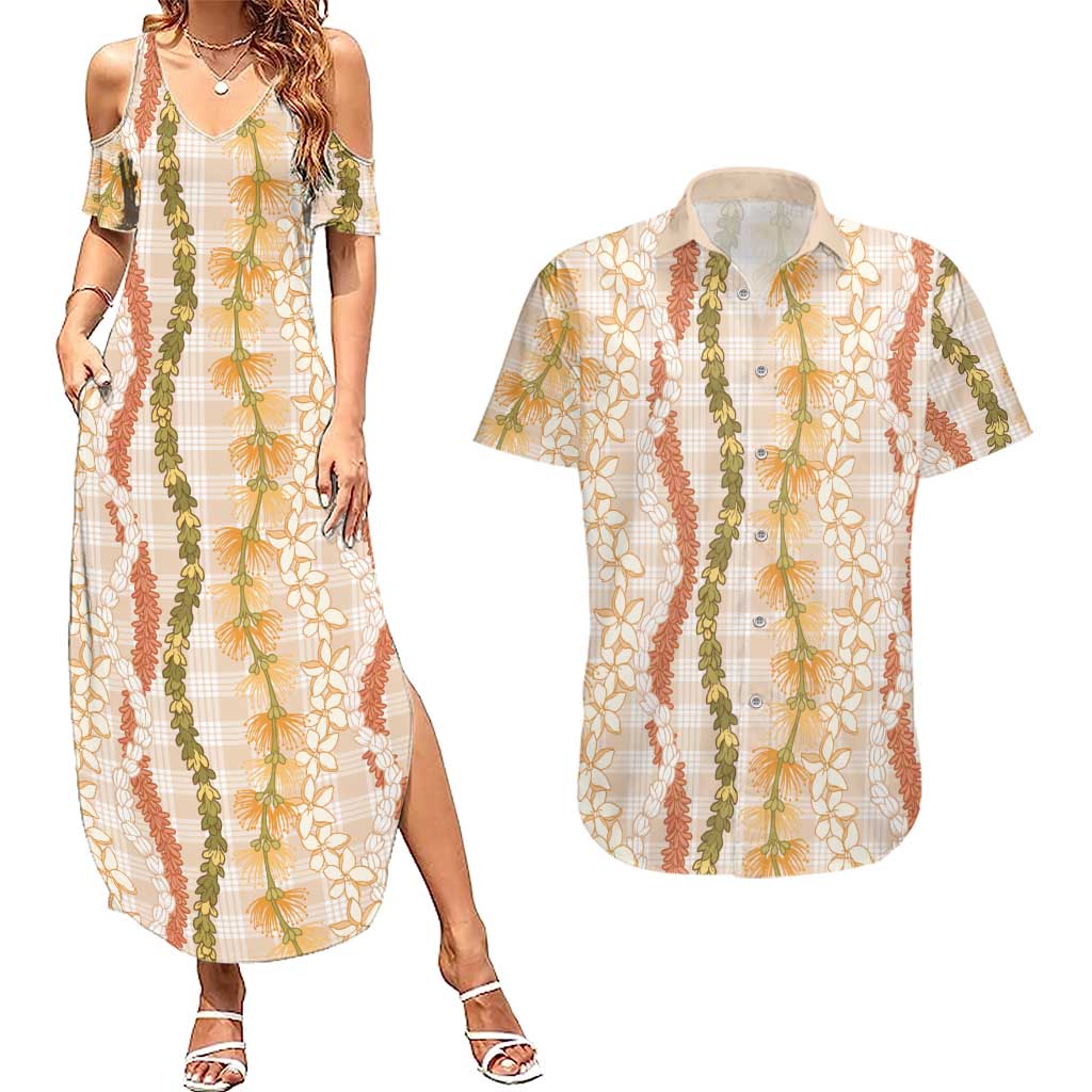 Hawaiian Ohia Lehua Lei Couples Matching Summer Maxi Dress and Hawaiian Shirt Plaid Palaka Ahiehie Pattern LT9 Beige - Polynesian Pride