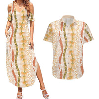 Hawaiian Ohia Lehua Lei Couples Matching Summer Maxi Dress and Hawaiian Shirt Plaid Palaka Ahiehie Pattern LT9 Beige - Polynesian Pride