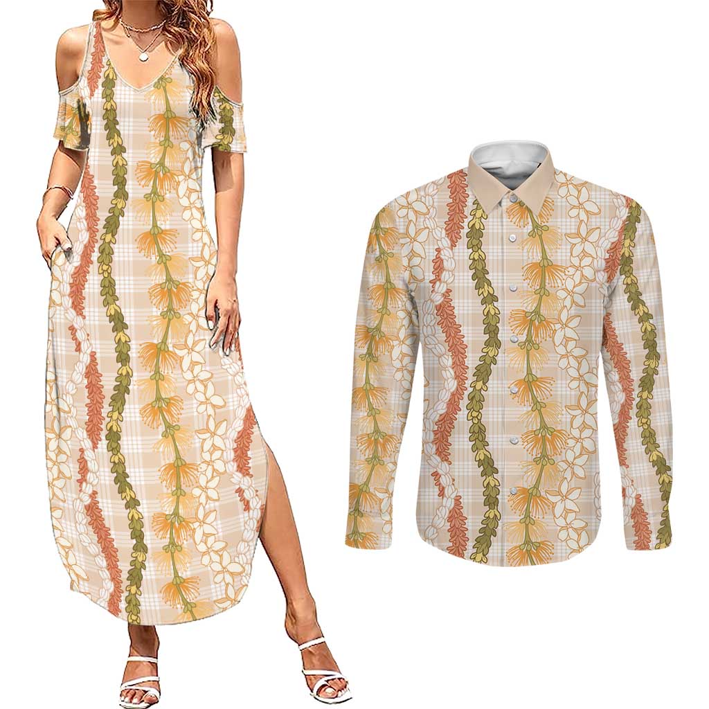Hawaiian Ohia Lehua Lei Couples Matching Summer Maxi Dress and Long Sleeve Button Shirt Plaid Palaka Ahiehie Pattern LT9 Beige - Polynesian Pride