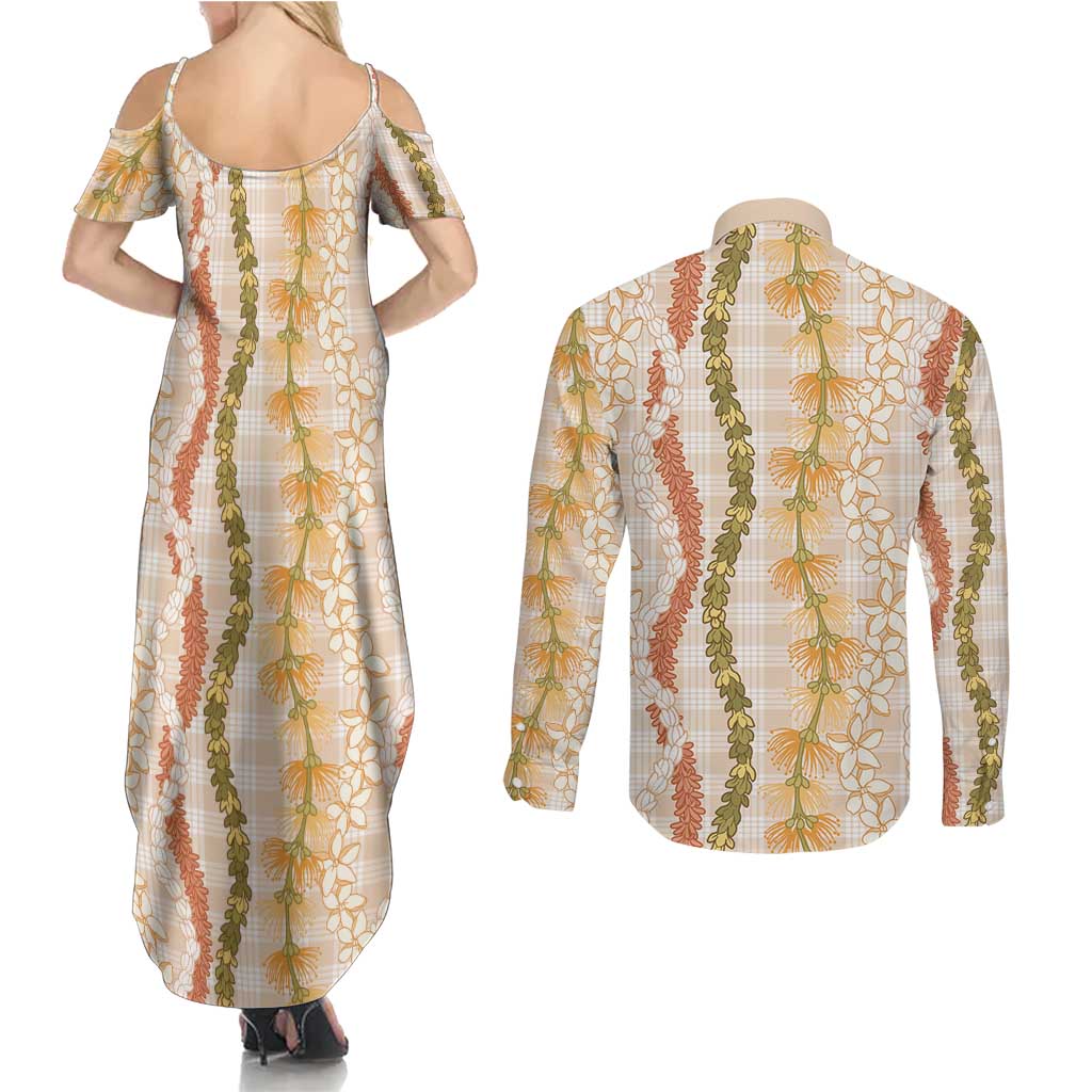 Hawaiian Ohia Lehua Lei Couples Matching Summer Maxi Dress and Long Sleeve Button Shirt Plaid Palaka Ahiehie Pattern LT9 - Polynesian Pride
