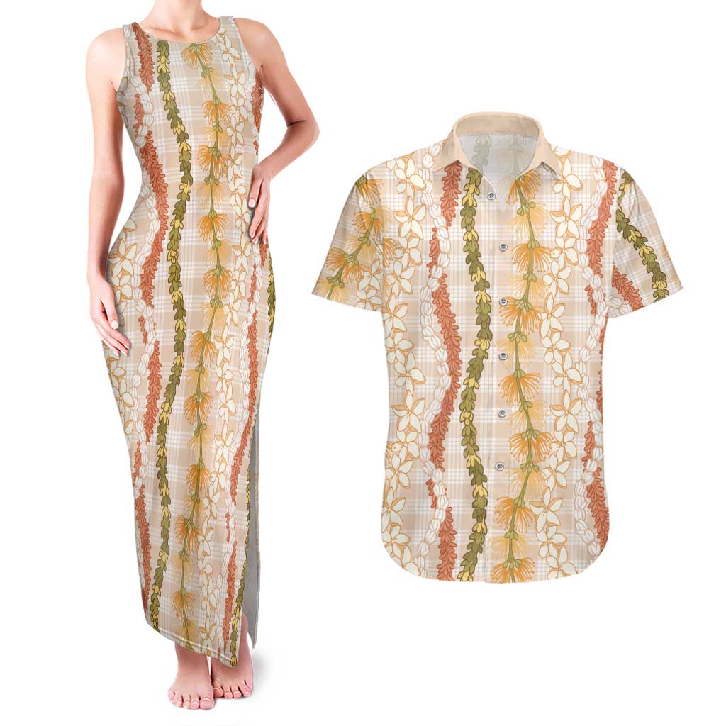 Hawaiian Ohia Lehua Lei Couples Matching Tank Maxi Dress and Hawaiian Shirt Plaid Palaka Ahiehie Pattern LT9 Beige - Polynesian Pride