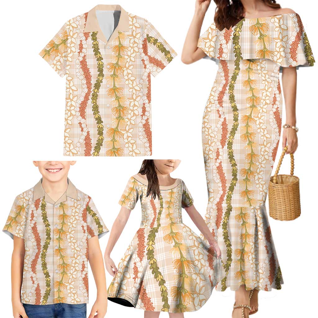 Hawaiian Ohia Lehua Lei Family Matching Mermaid Dress and Hawaiian Shirt Plaid Palaka Ahiehie Pattern LT9 - Polynesian Pride
