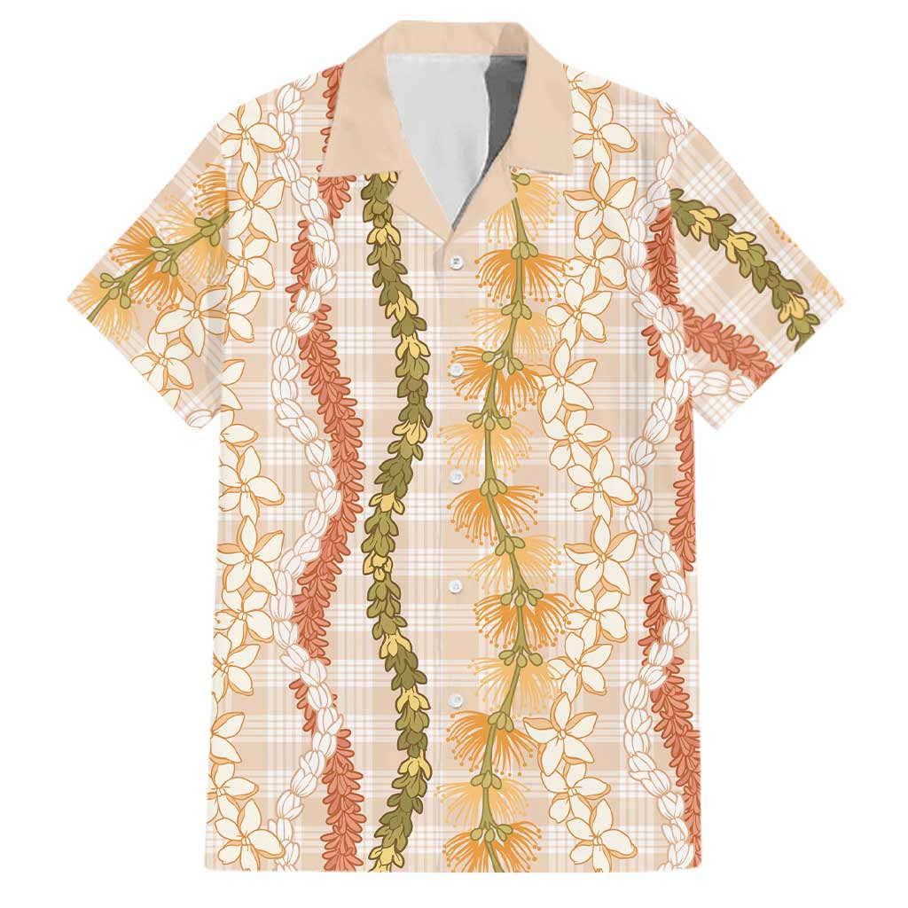 Hawaiian Ohia Lehua Lei Family Matching Off The Shoulder Long Sleeve Dress and Hawaiian Shirt Plaid Palaka Ahiehie Pattern LT9 Dad's Shirt - Short Sleeve Beige - Polynesian Pride
