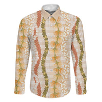Hawaiian Ohia Lehua Lei Family Matching Off Shoulder Short Dress and Hawaiian Shirt Plaid Palaka Ahiehie Pattern LT9 Dad's Shirt - Long Sleeve Beige - Polynesian Pride