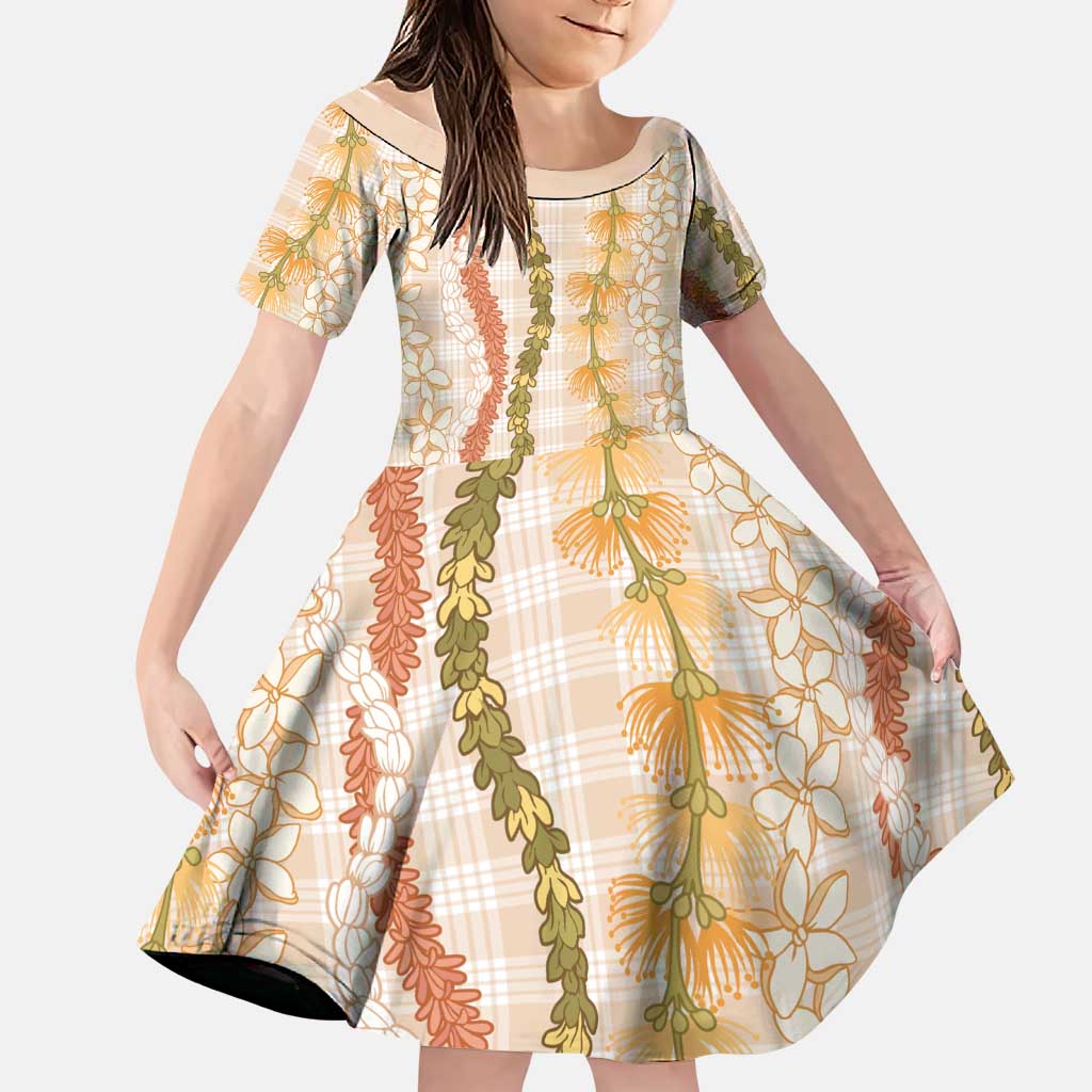 Hawaiian Ohia Lehua Lei Family Matching Summer Maxi Dress and Hawaiian Shirt Plaid Palaka Ahiehie Pattern LT9 Daughter's Dress Beige - Polynesian Pride