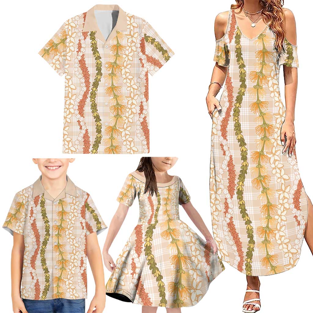 Hawaiian Ohia Lehua Lei Family Matching Summer Maxi Dress and Hawaiian Shirt Plaid Palaka Ahiehie Pattern - Polynesian Pride