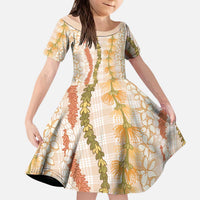 Hawaiian Ohia Lehua Lei Kid Short Sleeve Dress Plaid Palaka Ahiehie Pattern - Polynesian Pride