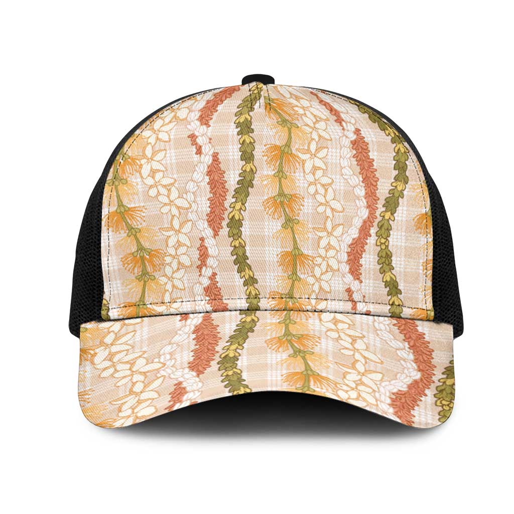 Hawaiian Ohia Lehua Lei Mesh Trucker Cap Plaid Palaka Ahiehie Pattern - Polynesian Pride