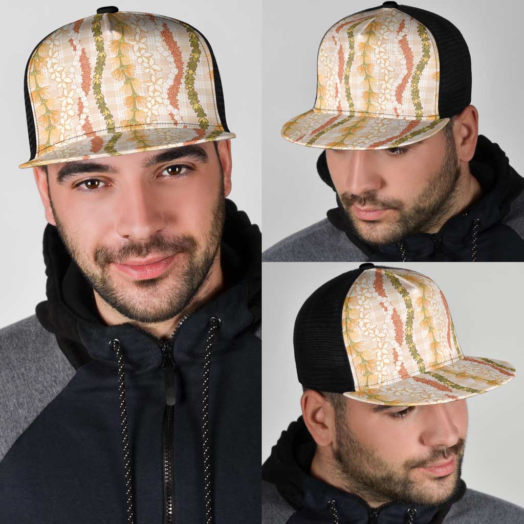 Hawaiian Ohia Lehua Lei Mesh Trucker Cap Plaid Palaka Ahiehie Pattern - Polynesian Pride