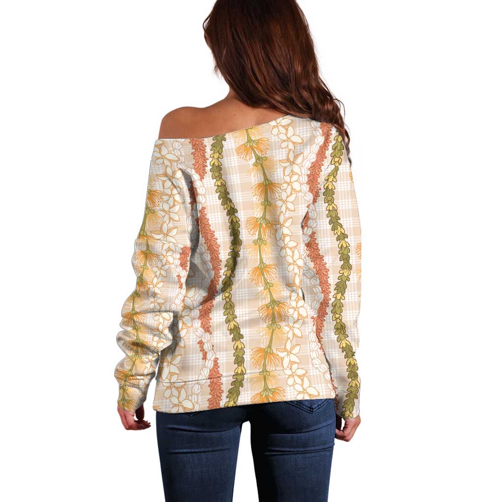 Hawaiian Ohia Lehua Lei Off Shoulder Sweater Plaid Palaka Ahiehie Pattern - Polynesian Pride