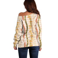 Hawaiian Ohia Lehua Lei Off Shoulder Sweater Plaid Palaka Ahiehie Pattern - Polynesian Pride