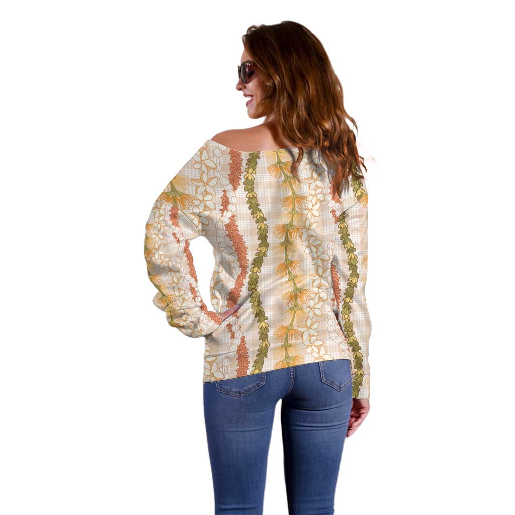 Hawaiian Ohia Lehua Lei Off Shoulder Sweater Plaid Palaka Ahiehie Pattern - Polynesian Pride