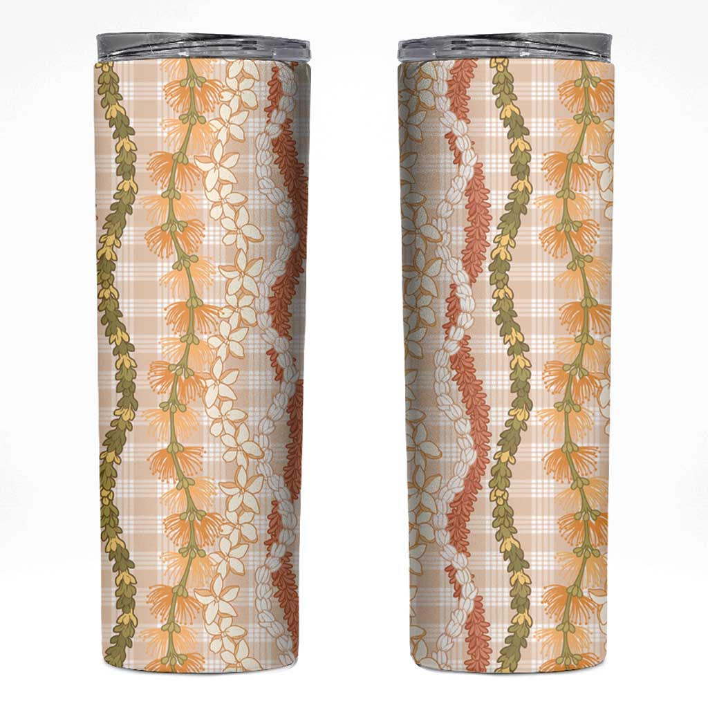 Hawaiian Ohia Lehua Lei Skinny Tumbler Plaid Palaka Ahiehie Pattern LT9 Beige - Polynesian Pride