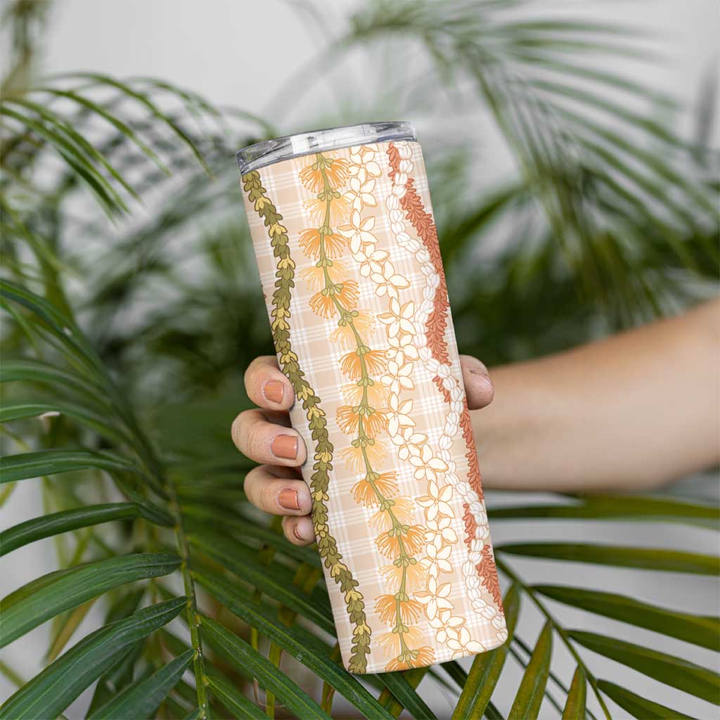 Hawaiian Ohia Lehua Lei Skinny Tumbler Plaid Palaka Ahiehie Pattern LT9 - Polynesian Pride