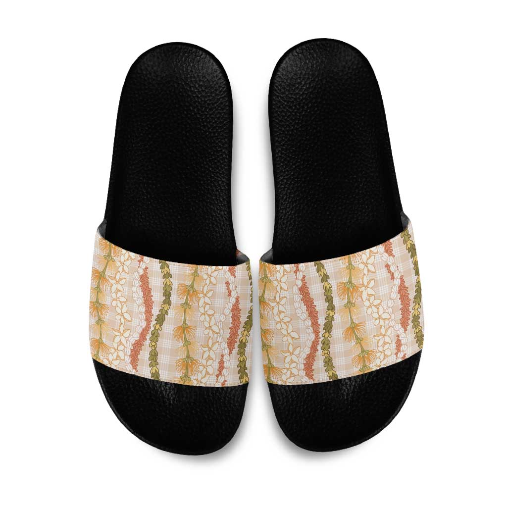 Hawaiian Ohia Lehua Lei Slide Sandals Plaid Palaka Ahiehie Pattern LT9 Beige - Polynesian Pride