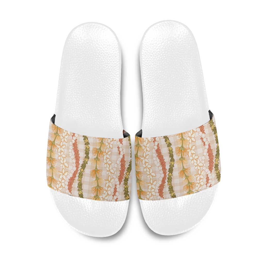 Hawaiian Ohia Lehua Lei Slide Sandals Plaid Palaka Ahiehie Pattern LT9 Beige - Polynesian Pride