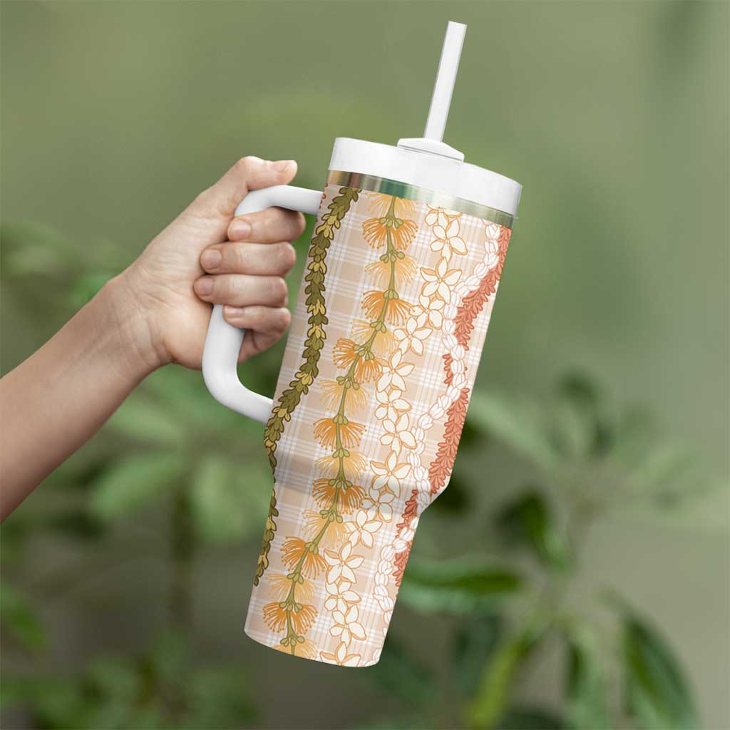 Hawaiian Ohia Lehua Lei Tumbler With Handle Plaid Palaka Ahiehie Pattern - Polynesian Pride