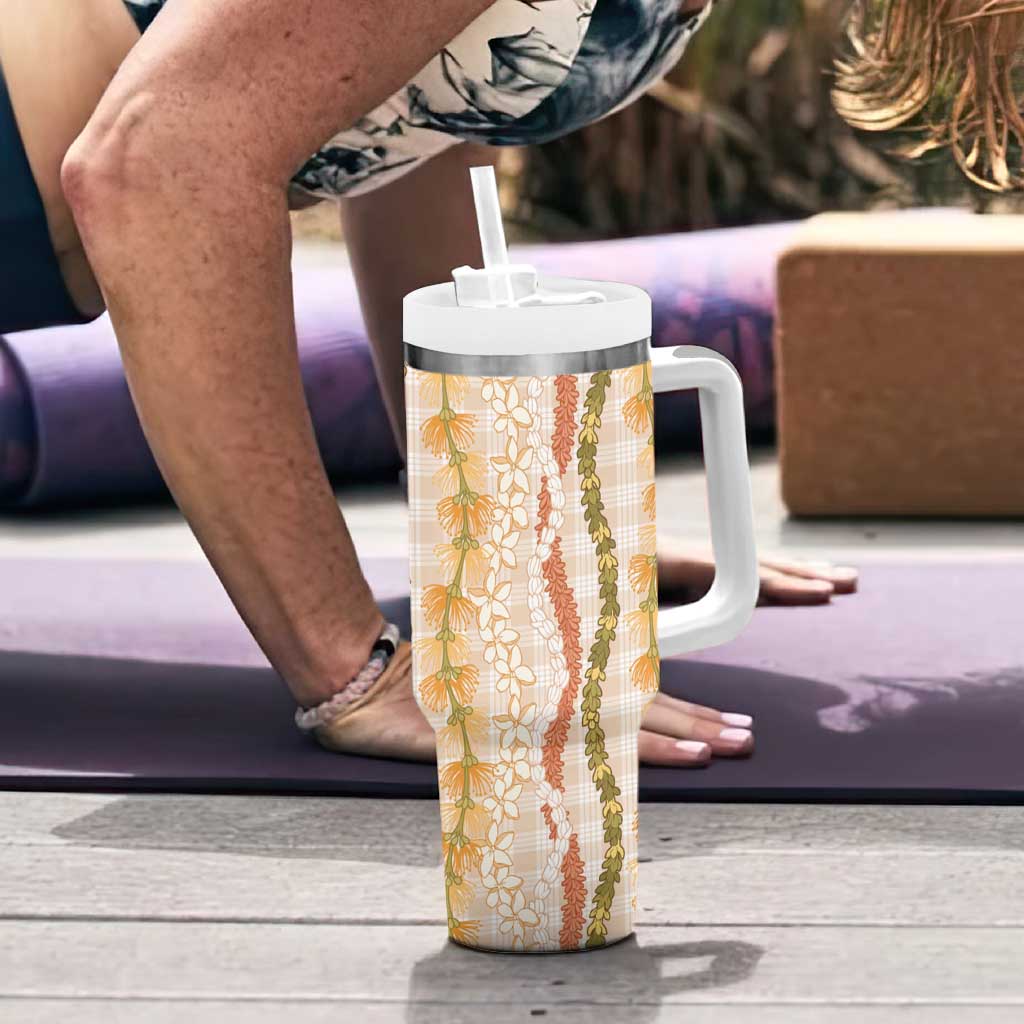 Hawaiian Ohia Lehua Lei Tumbler With Handle Plaid Palaka Ahiehie Pattern - Polynesian Pride
