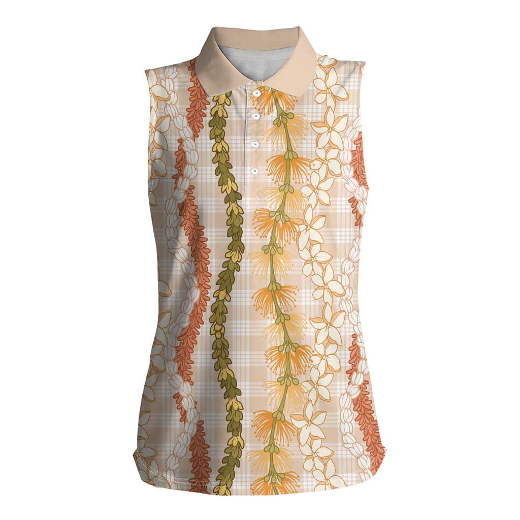 Hawaiian Ohia Lehua Lei Women Sleeveless Polo Shirt Plaid Palaka Ahiehie Pattern LT9 Female Beige - Polynesian Pride