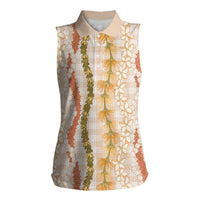 Hawaiian Ohia Lehua Lei Women Sleeveless Polo Shirt Plaid Palaka Ahiehie Pattern LT9 Female Beige - Polynesian Pride